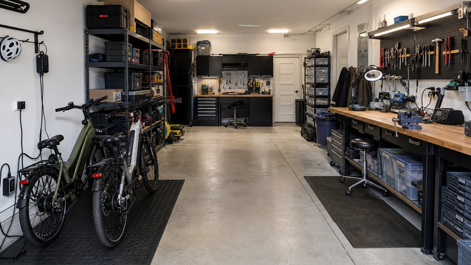 Garage maker lab layout showing separated e-bike charging area, workbench tools, and storage zones