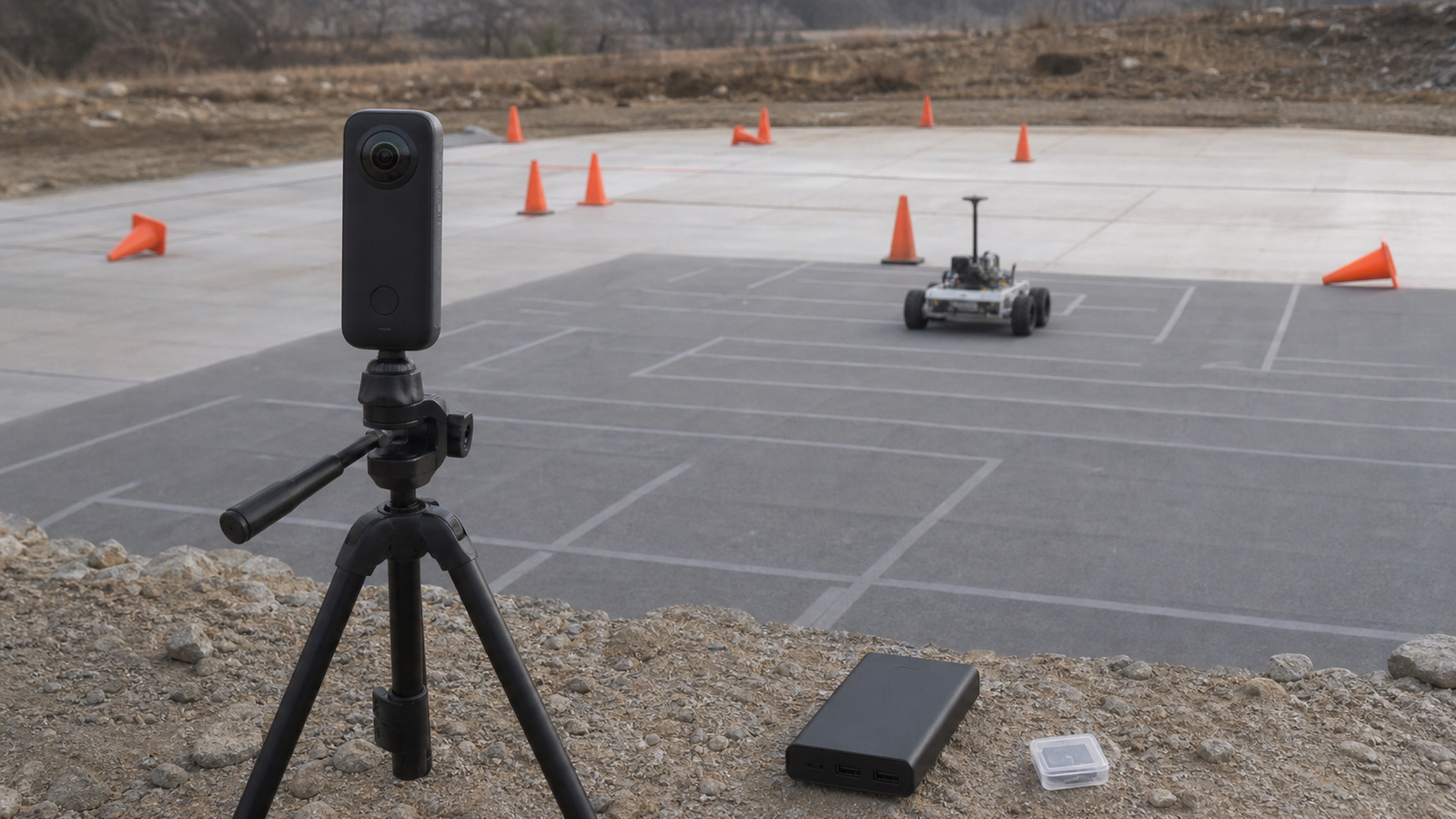 Tripod-mounted 360-style camera overlooking a robotics practice field with cones and a small rover