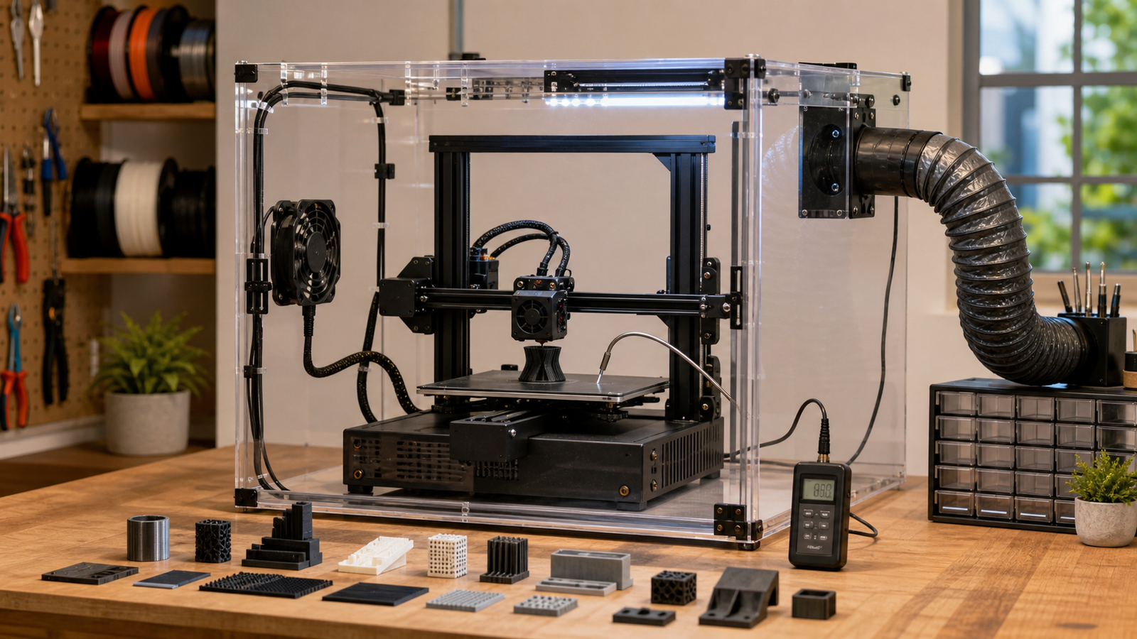 3D printer enclosure temperature and airflow test with probe, vent hose, and printed test coupons