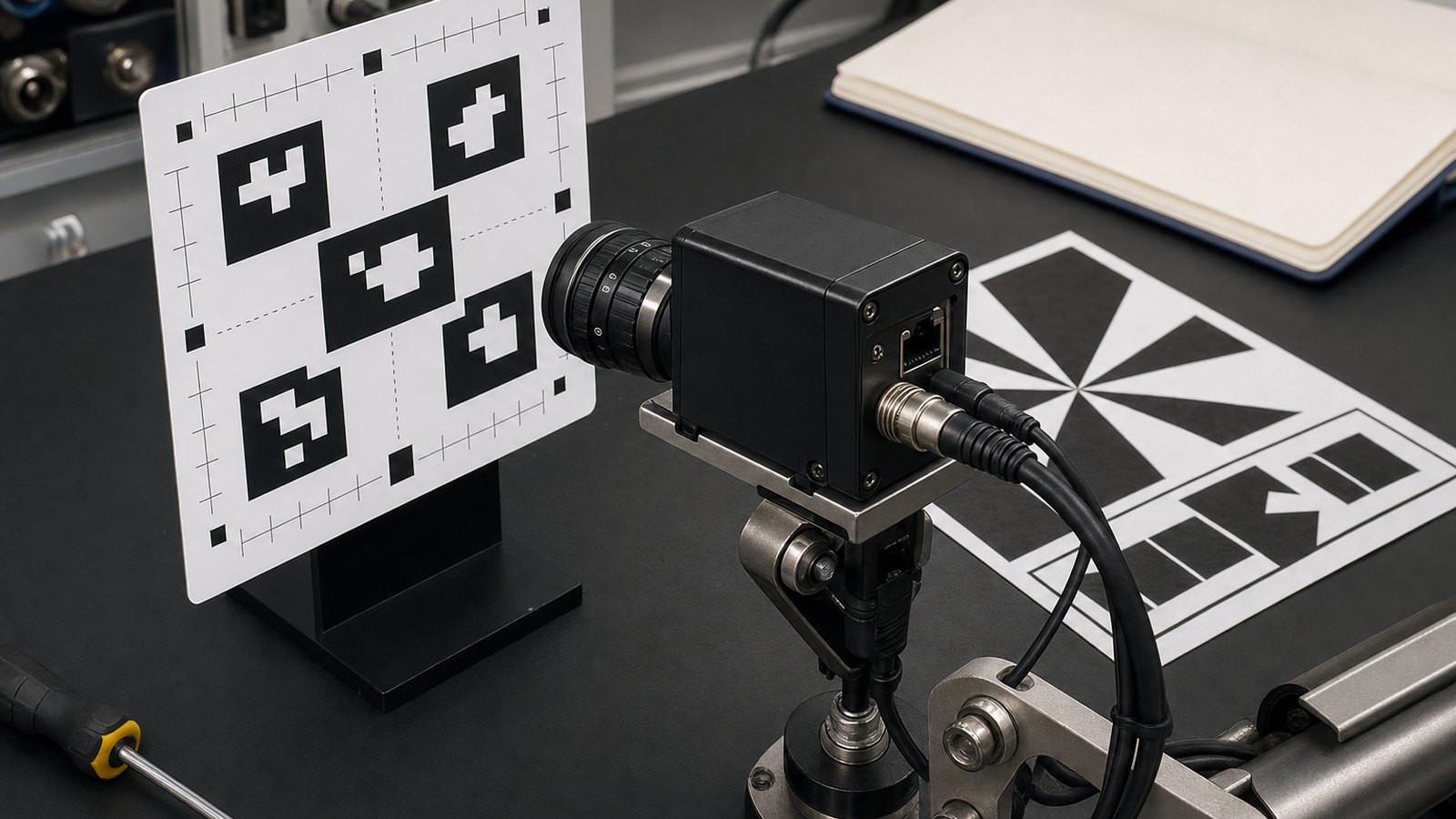 Robot camera close-up facing a measured AprilTag-style target with notebook and calibration card