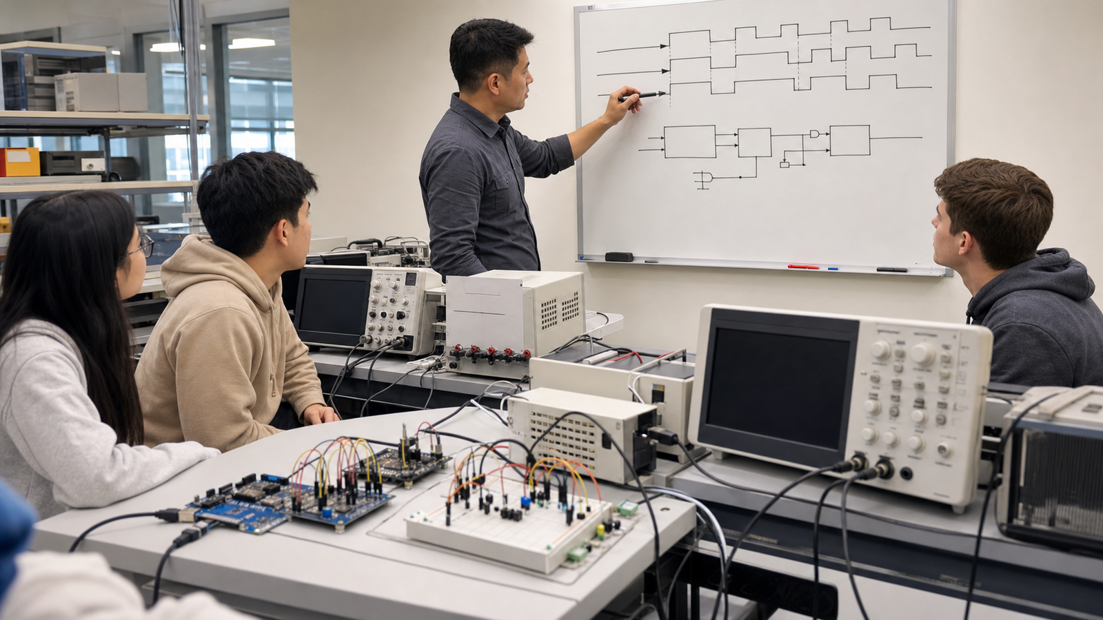 Classroom embedded systems lab reviewing RTOS project behavior