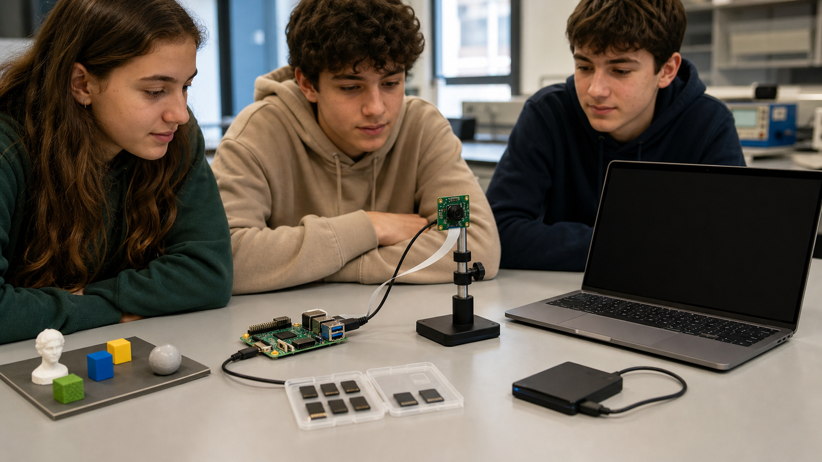 Students comparing microSD cards and USB SSD for a Raspberry Pi AI camera project