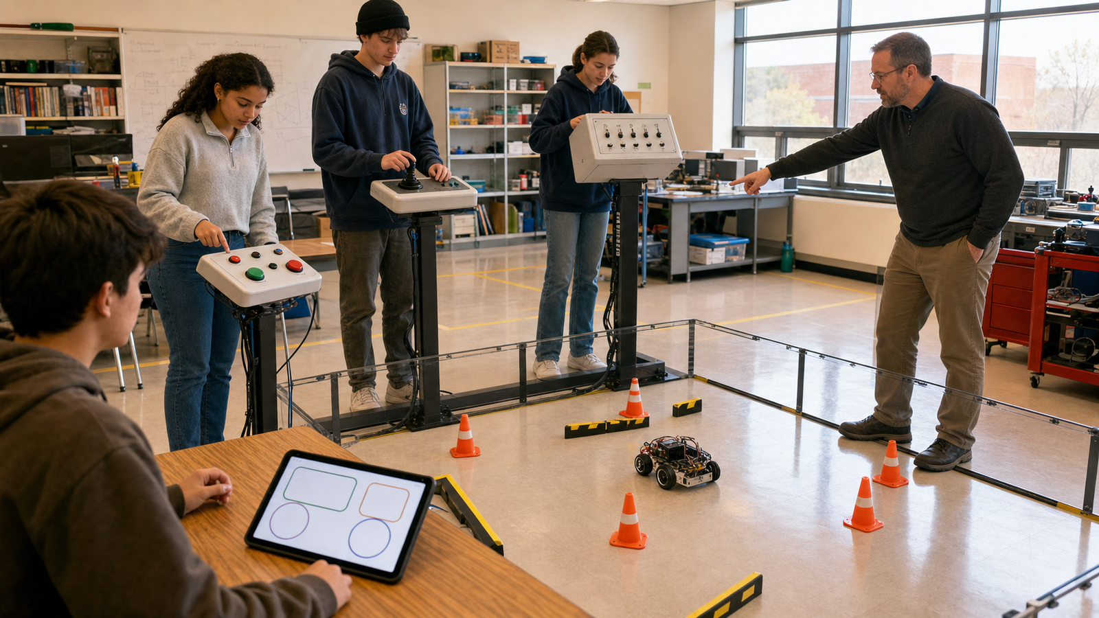 Classroom robot course with alternative controls and safety boundary