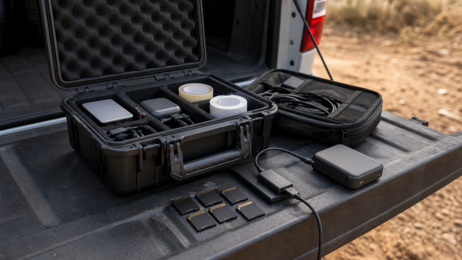 Field media offload kit with SD cards, USB-C reader, battery pack, and rugged case