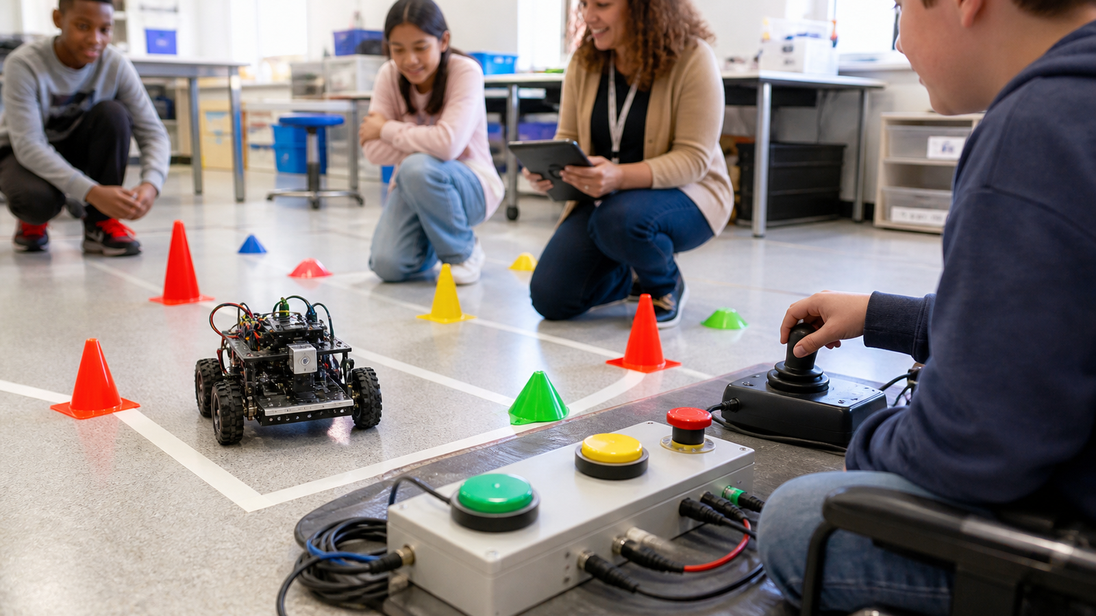 Inclusive robotics station with switch inputs, safety stop button, cones, and a small rover