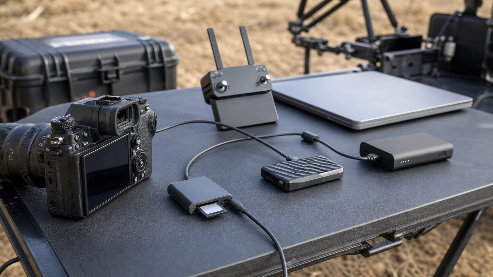 Field media offload table with camera, controller, SSD backup drive, battery, and tidy cables