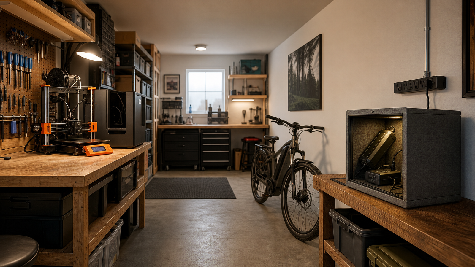 Maker garage layout with e-bike, battery storage area, safe outlet placement, and separated workbench