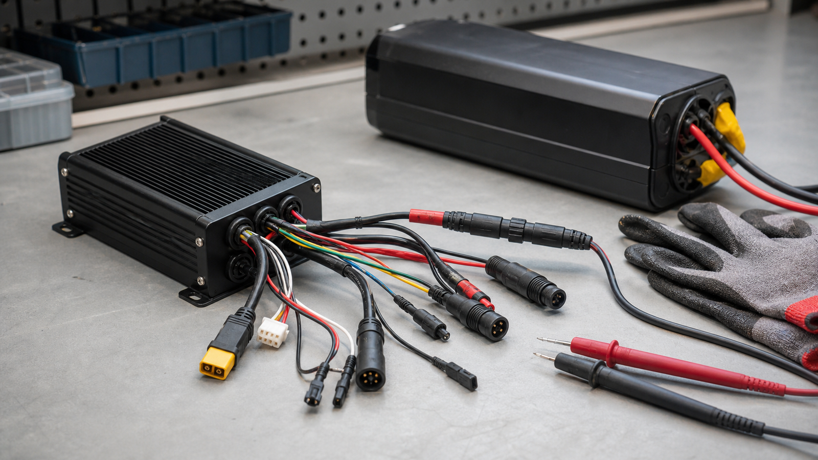 E-bike controller and wiring harness on a diagnostic workbench with multimeter and battery isolated