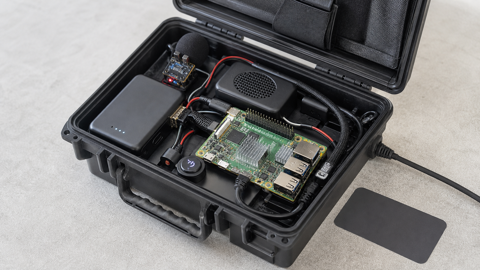 Portable local AI translation kit with battery, microphone, speaker grille, and Raspberry Pi board in a field case