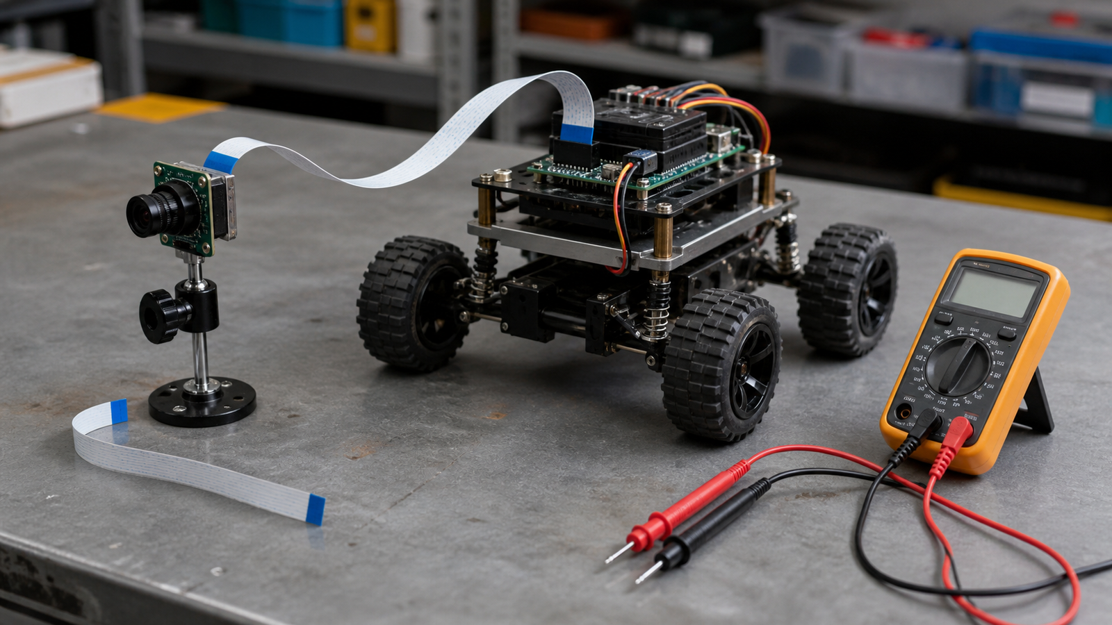 Robot vision troubleshooting bench with camera module, flat ribbon cable, rover frame, and spare cable