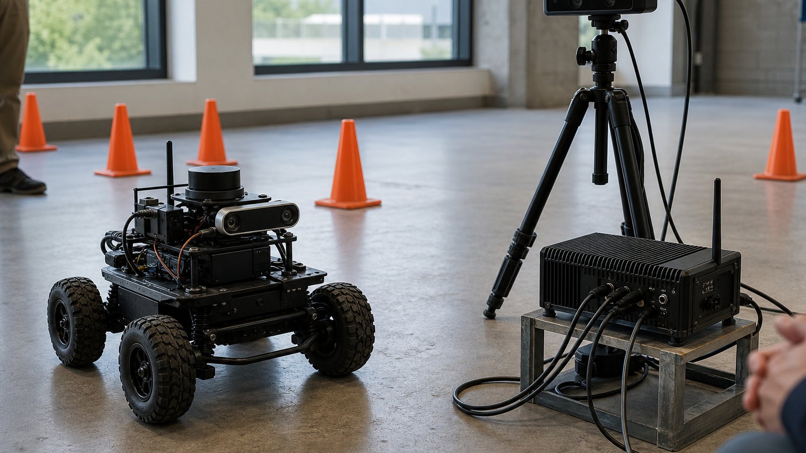 Small rover, depth camera, cones, and edge computer arranged for a robot workflow evaluation