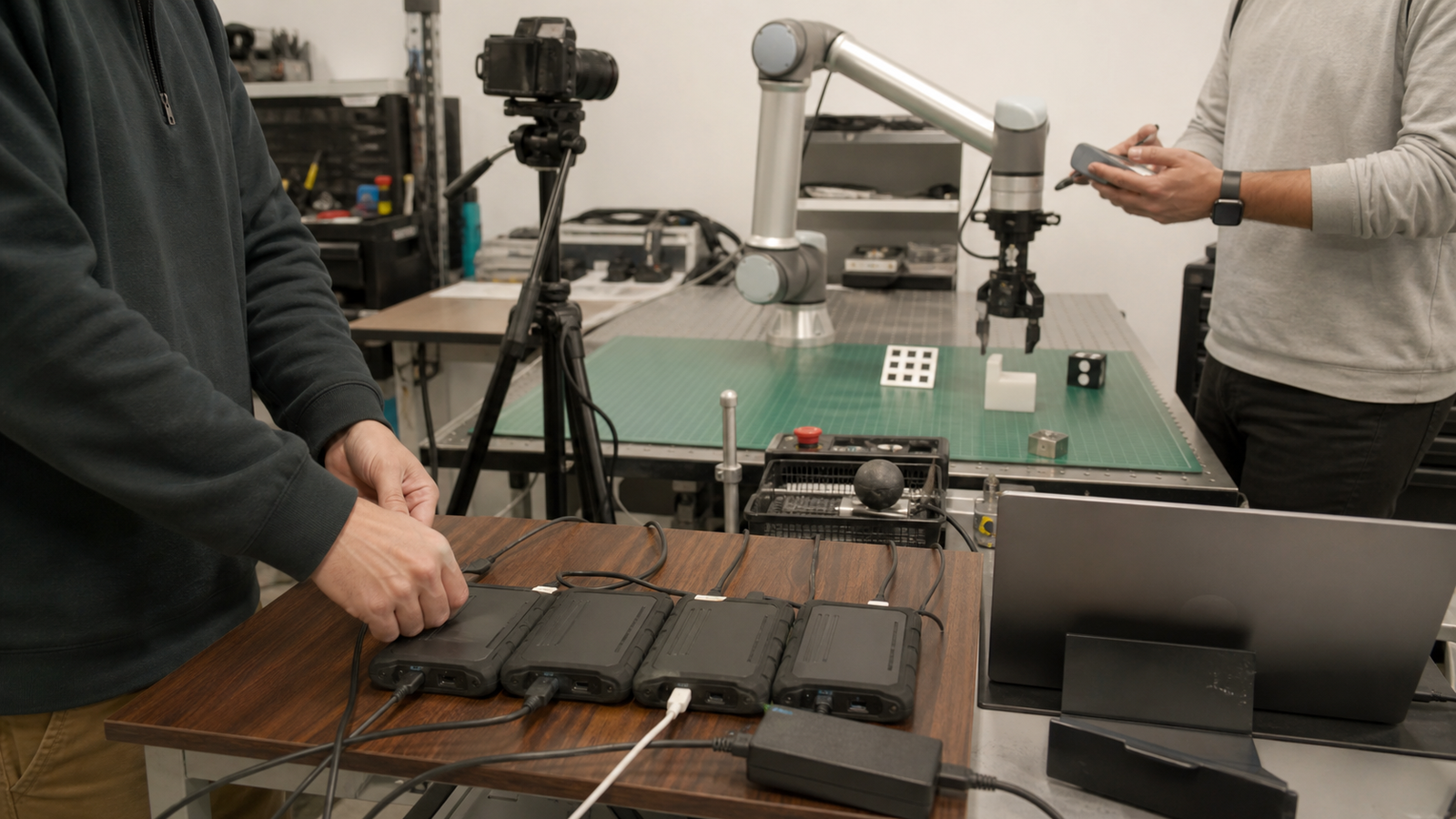 Robot learning workflow with dataset storage, depth camera, robot arm, and safety mat