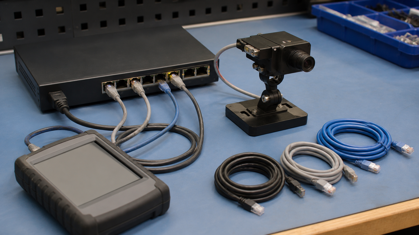 PoE troubleshooting bench with switch, cable tester, robot camera mount, and spare Ethernet patch cables