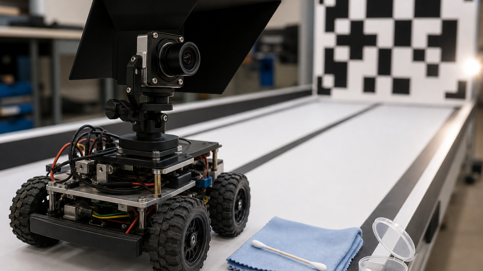 Robot vision test lane with shielded glare source, tightened camera mount, and calibration target