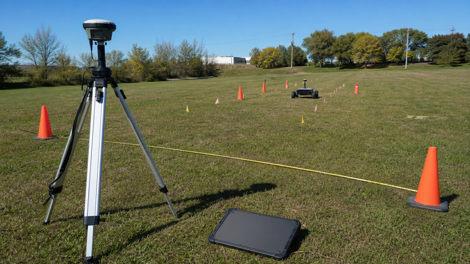 Field validation layout with survey tripod, cones, measuring tape, and robot path markers