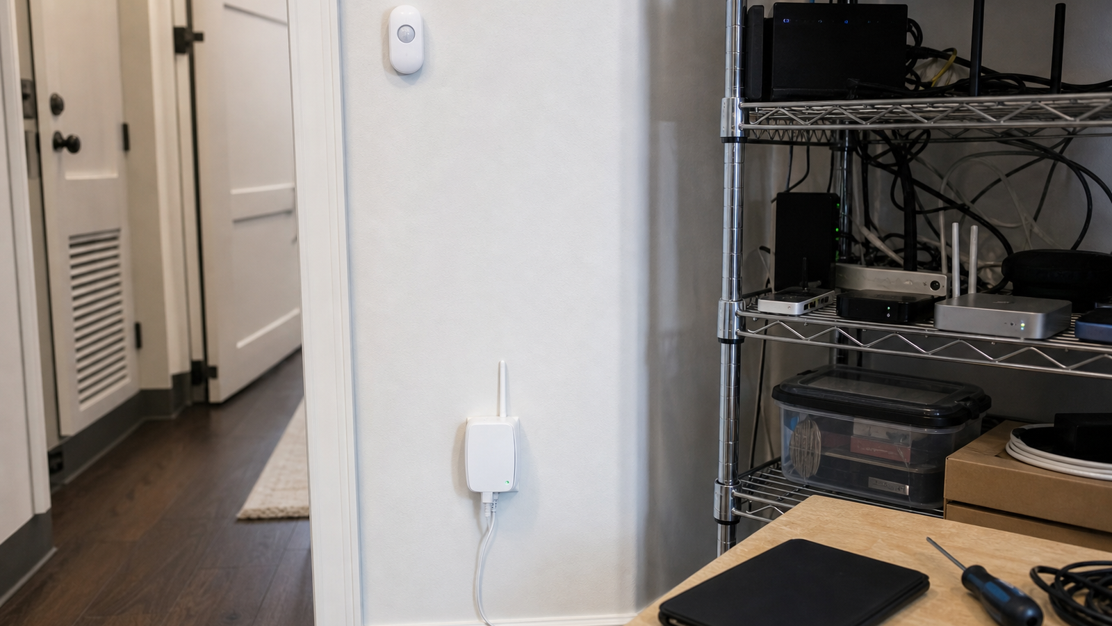 Hallway smart-home sensor and wall gateway being evaluated around metal shelving and home-lab gear