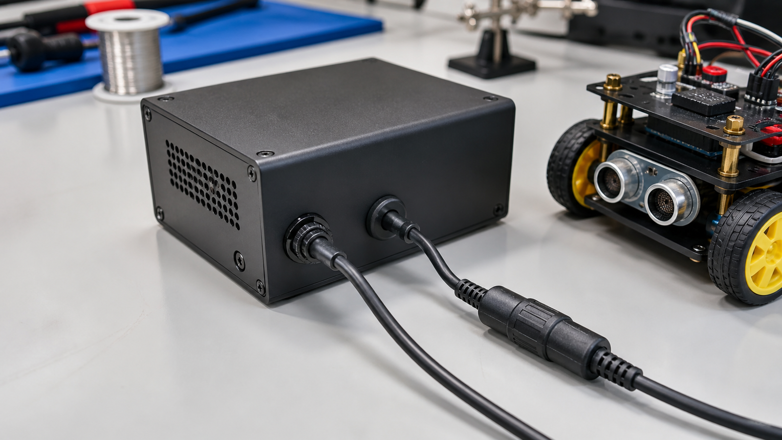 Enclosed maker project with USB-C power input, inline fuse holder, strain relief, and tidy wiring