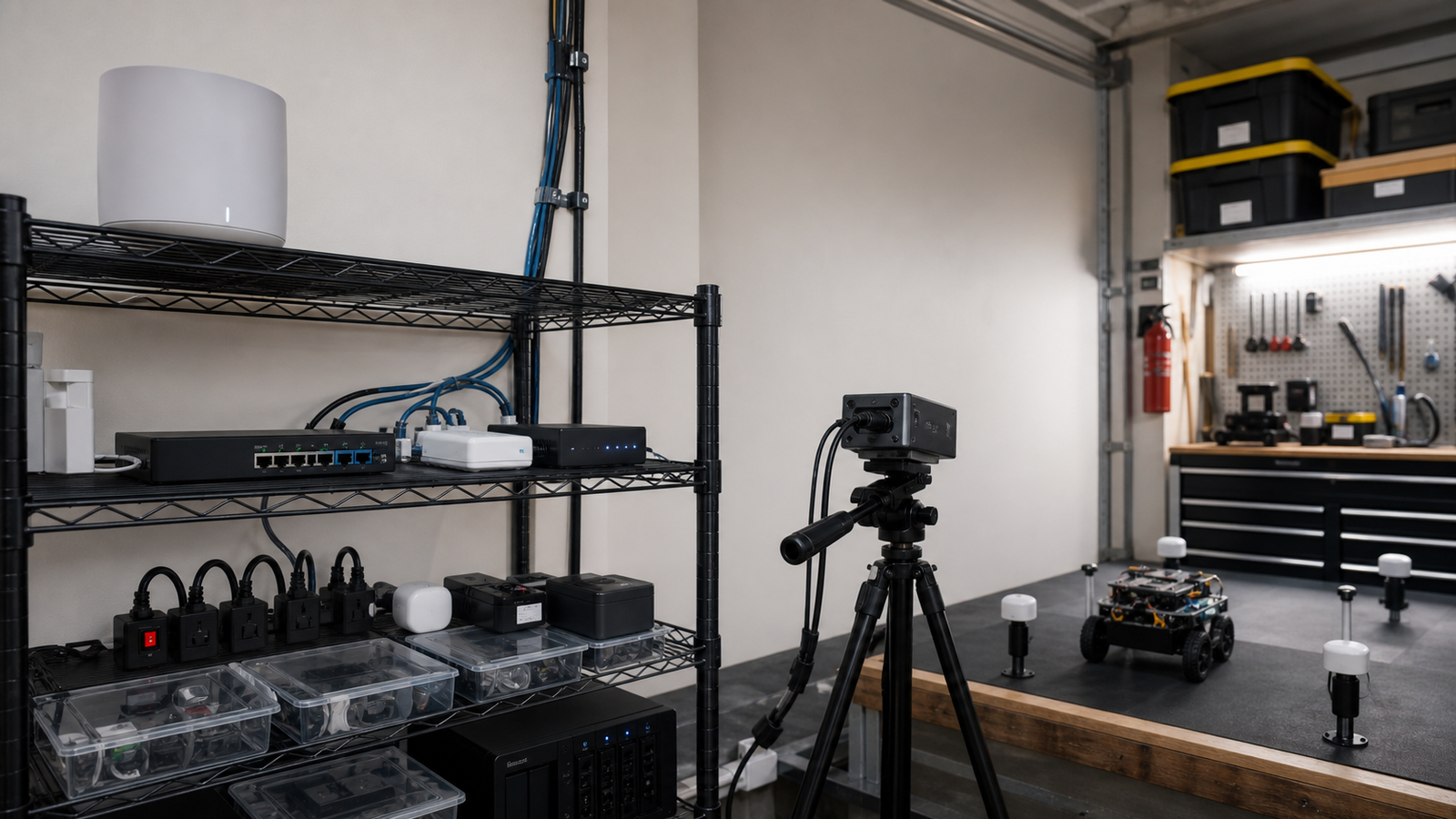 Home-lab robot camera area with Wi-Fi mesh node placed high near equipment
