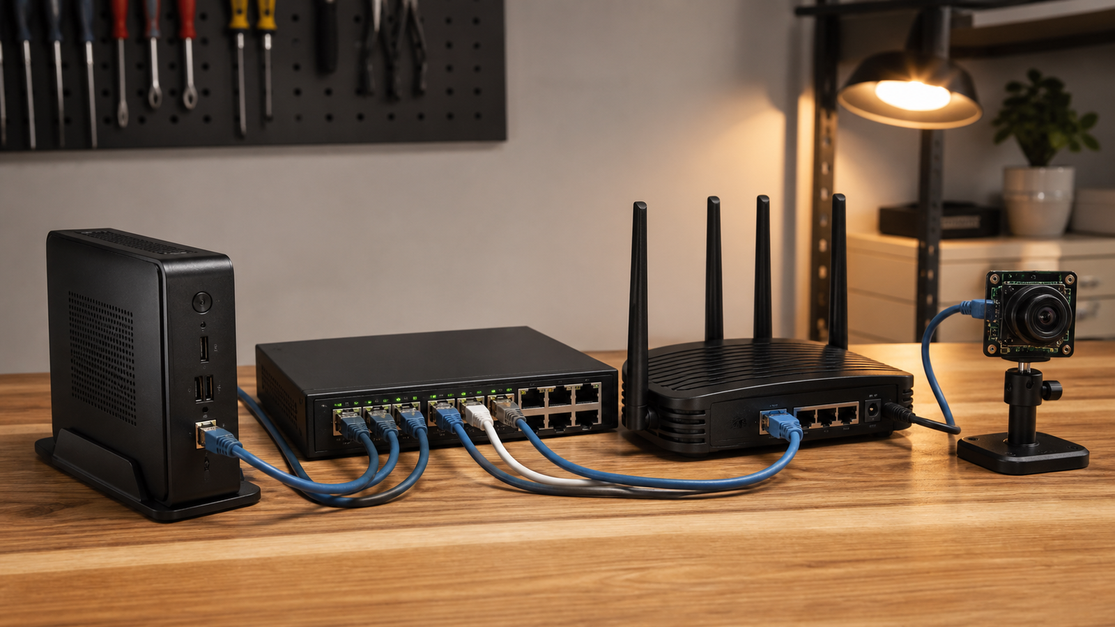 Home-lab network test bench with Wi-Fi router, PoE switch, robot camera, and connected cables