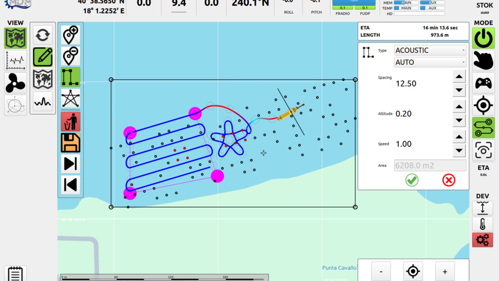 Marine robot interface screen and mission-control view