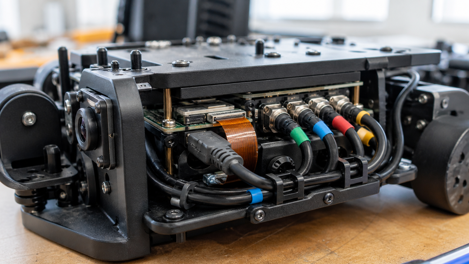 Close view of labeled camera cables and strain relief on a compact robot chassis
