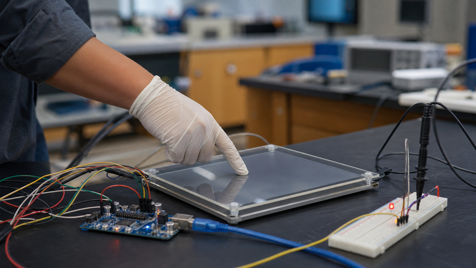 Capacitive touch input test with gloves, acrylic overlay, and microcontroller board