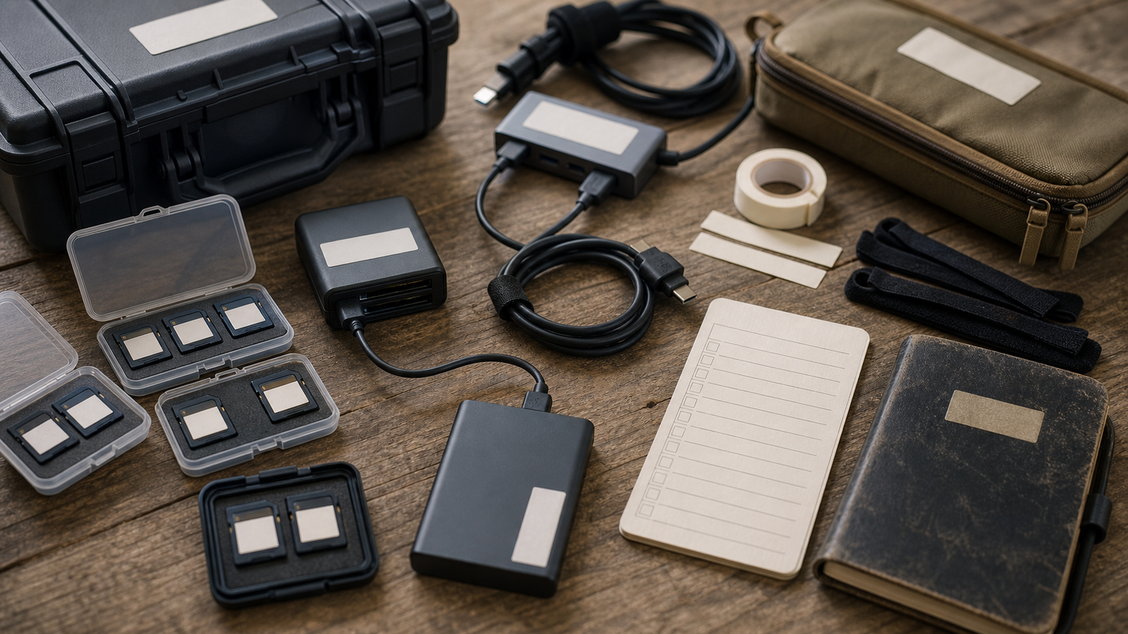 Field media kit with camera cards, rugged reader, SSD, and labeled backup workflow