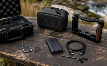 Removable storage field kit with CFexpress-style card, SD card, rugged reader, and backup SSD
