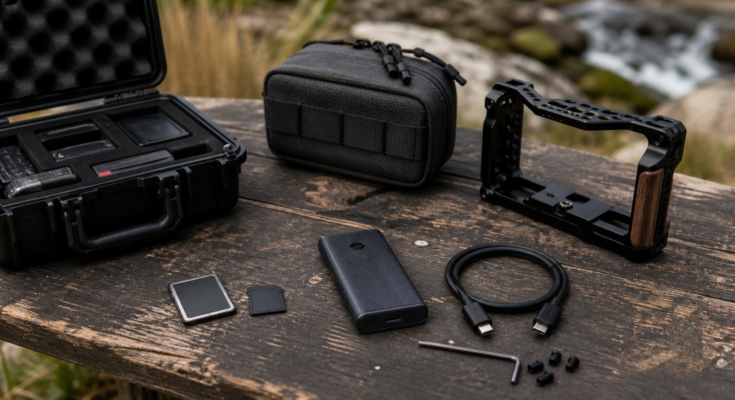 Removable storage field kit with CFexpress-style card, SD card, rugged reader, and backup SSD Removable storage field kit with CFexpress-style card, SD card, rugged reader, and backup SSD