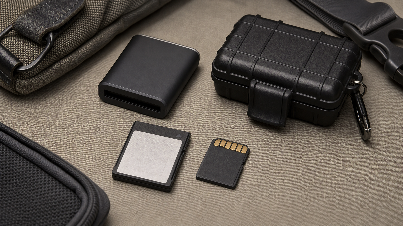 Card reader, backup SSD, and unbranded memory cards arranged for field backup