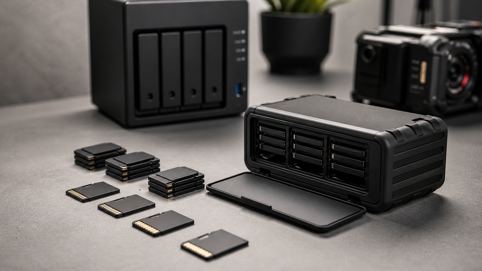 Field media cards, robot camera storage, and a small NAS arranged for backup planning