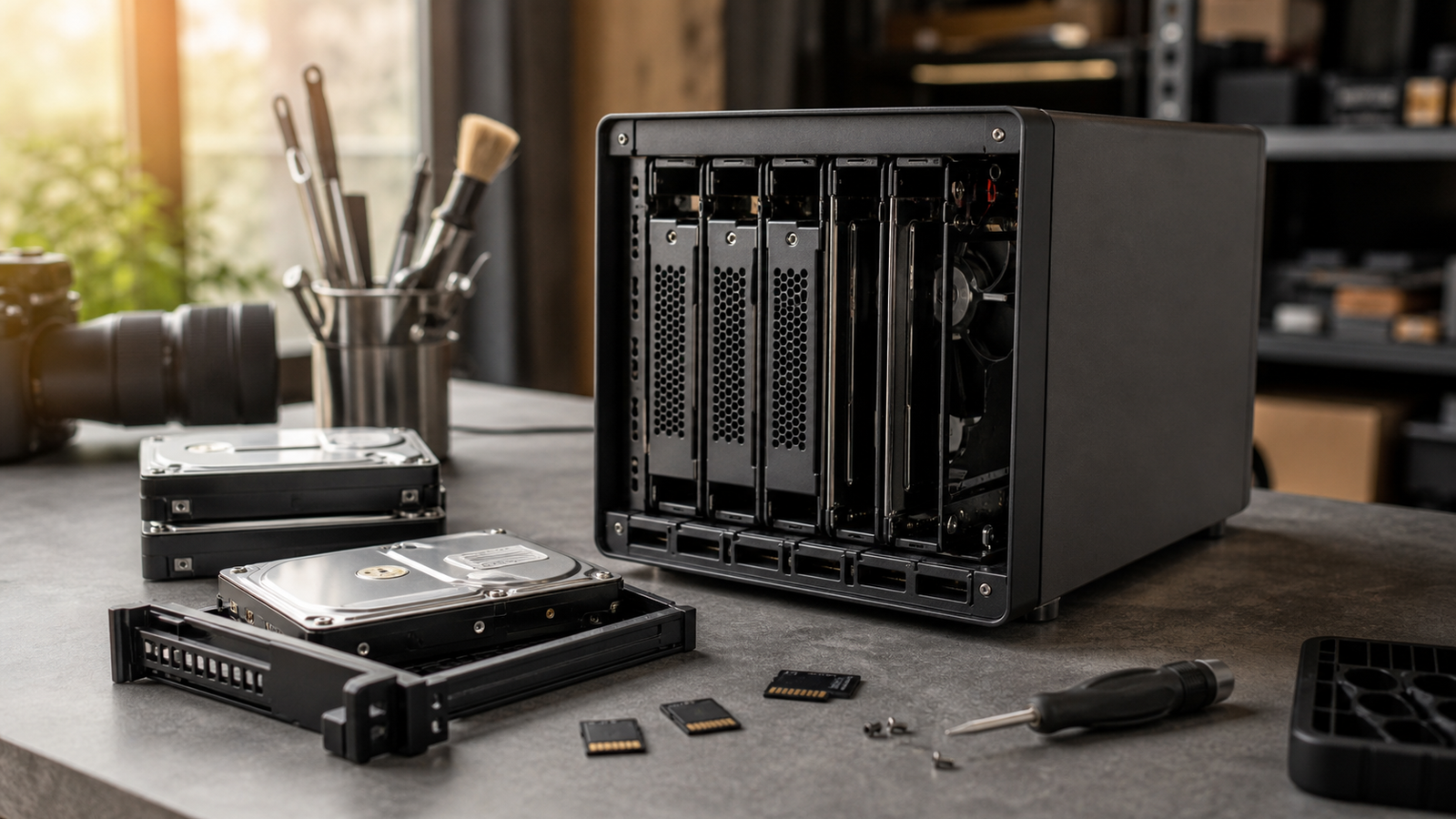 NAS drive bay and external backup drive on a creator robotics lab bench with no readable labels
