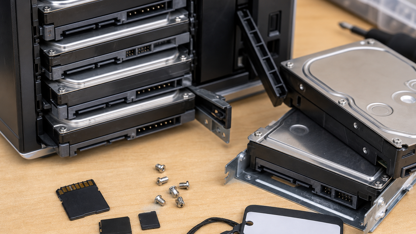 Close view of hard drives, drive sleds, and media cards arranged for backup planning
