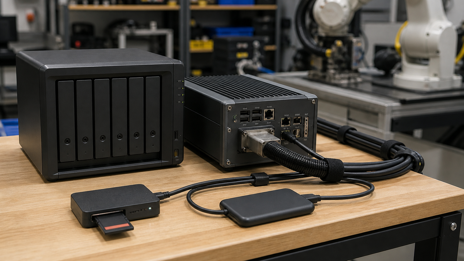 Small lab NAS with robot log cable, camera card reader, and backup SSD on a workbench