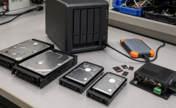 NAS storage bench with hard drives, field media cards, and robot data logger
