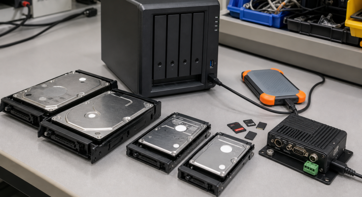 NAS storage bench with hard drives, field media cards, and robot data logger NAS storage bench with hard drives, field media cards, and robot data logger