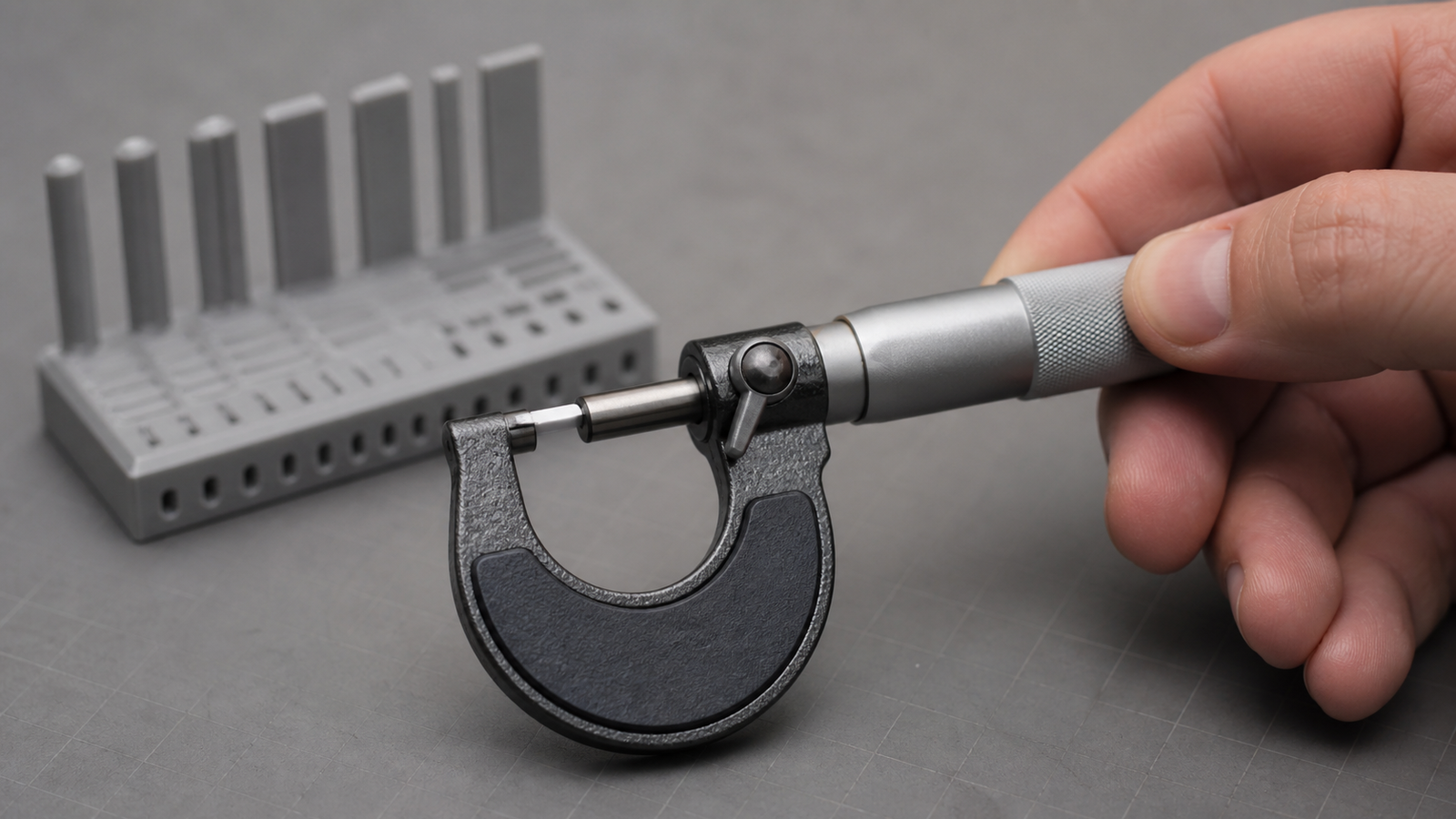 Micrometer checking a short filament sample beside a printed tolerance coupon