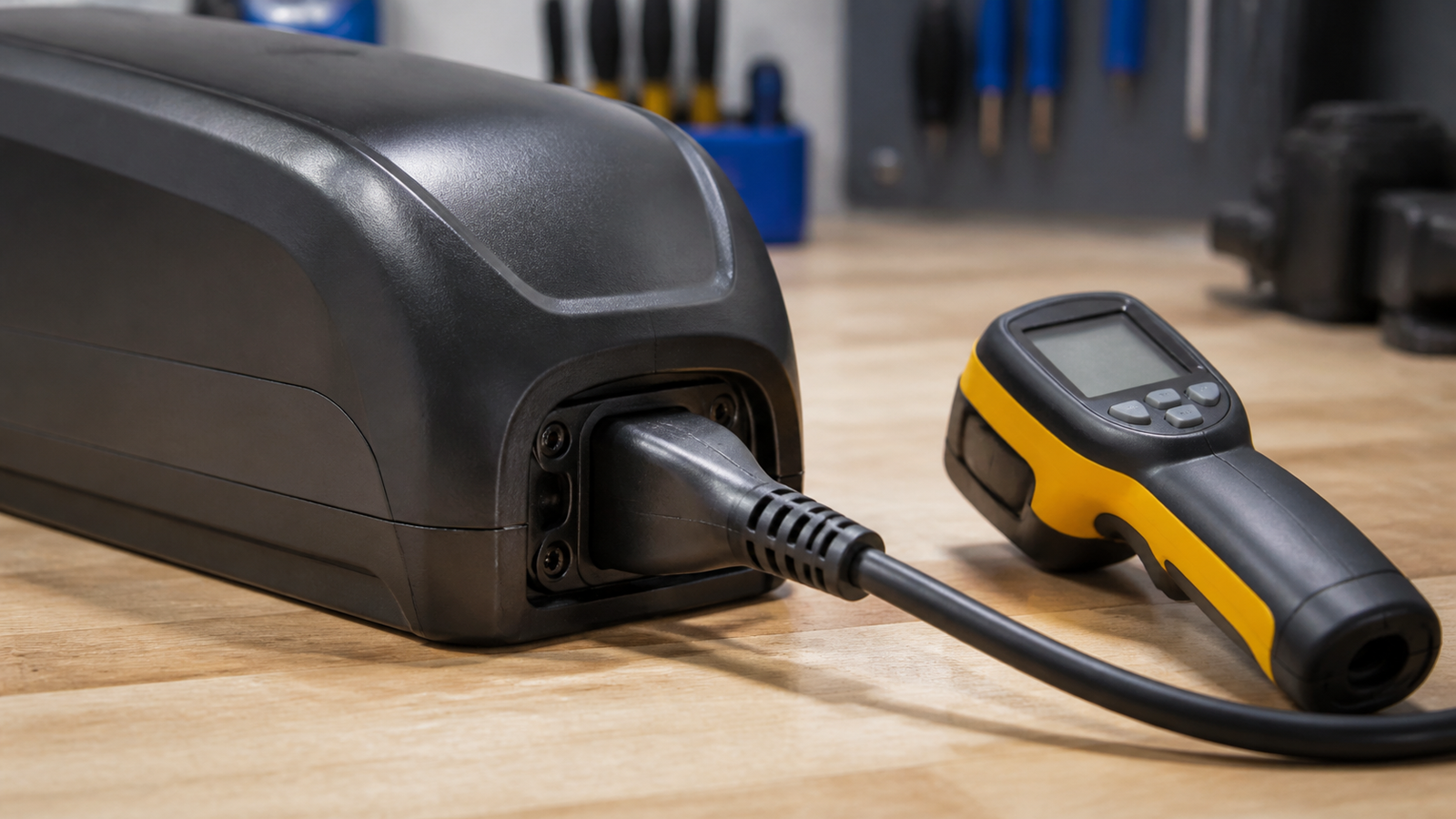 Close view of e-bike charger connector, battery pack, infrared thermometer, and tidy cable strain relief