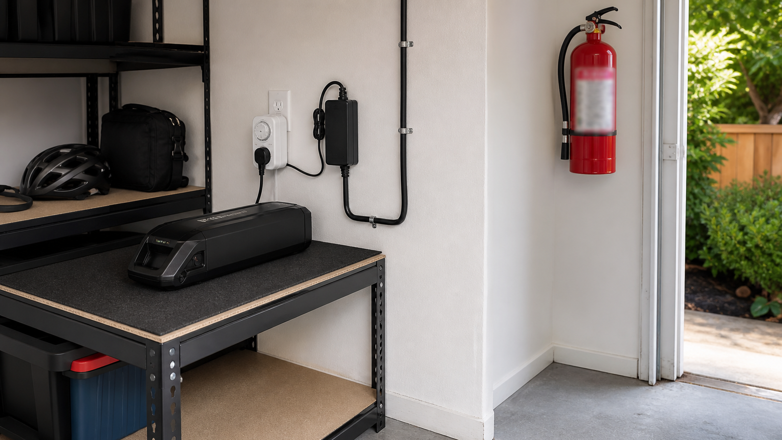 Garage charging station with metal shelf, e-bike battery, clear cable path, timer outlet, and open walkway