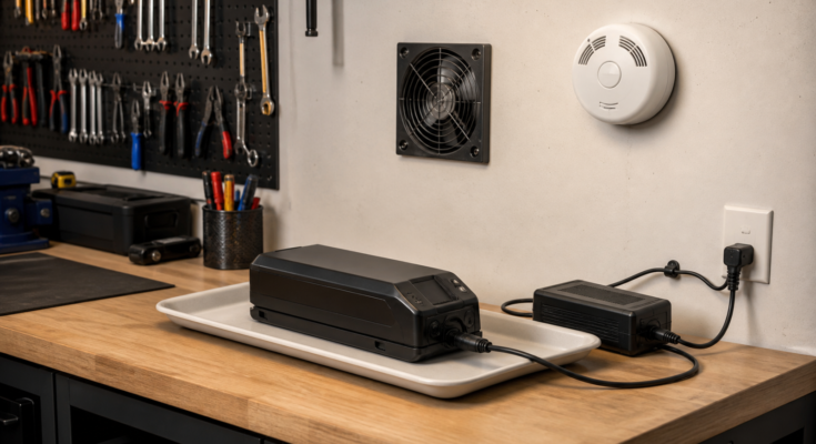 E-Bike Battery Charging in a Maker Garage Needs a Real Safety Checklist — TVG Report editorial image E-Bike Battery Charging in a Maker Garage Needs a Real Safety Checklist — TVG Report editorial image