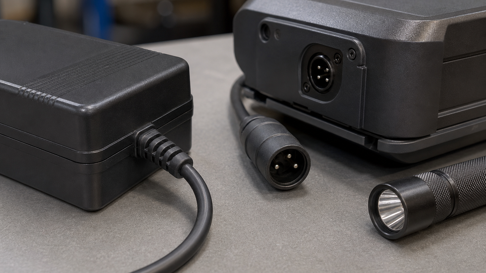 Close view of matched e-bike charger, cable strain relief, and clean charging surface