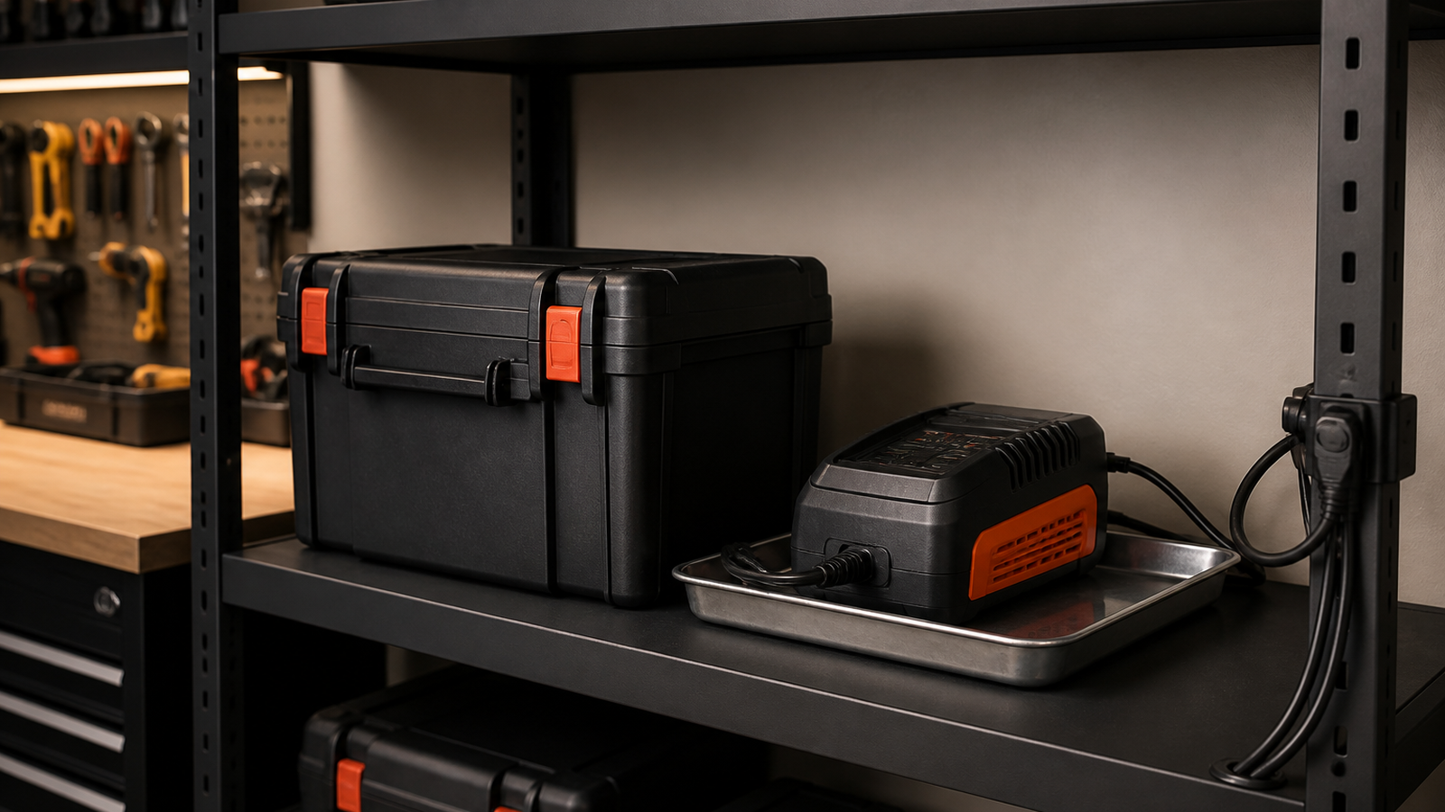 Maker garage storage shelf with battery case, ventilation space, and no clutter around charger