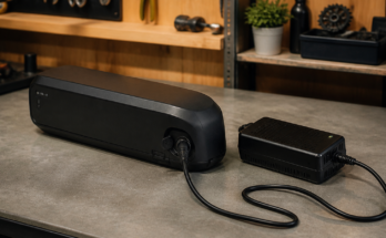 Organized maker garage charging area with e-bike battery, charger, clear bench space, and fire-safe layout