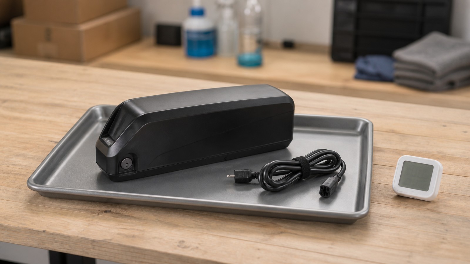 Generated illustration of e-bike battery charging prep on a nonflammable tray