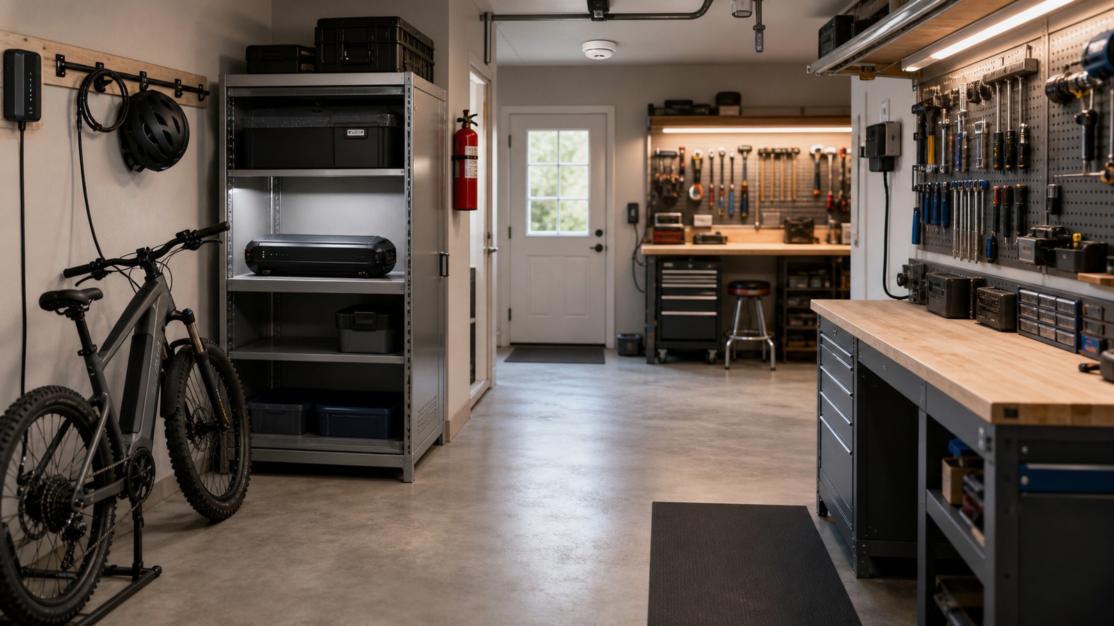 Generated illustration of a maker garage layout for safer e-bike battery storage