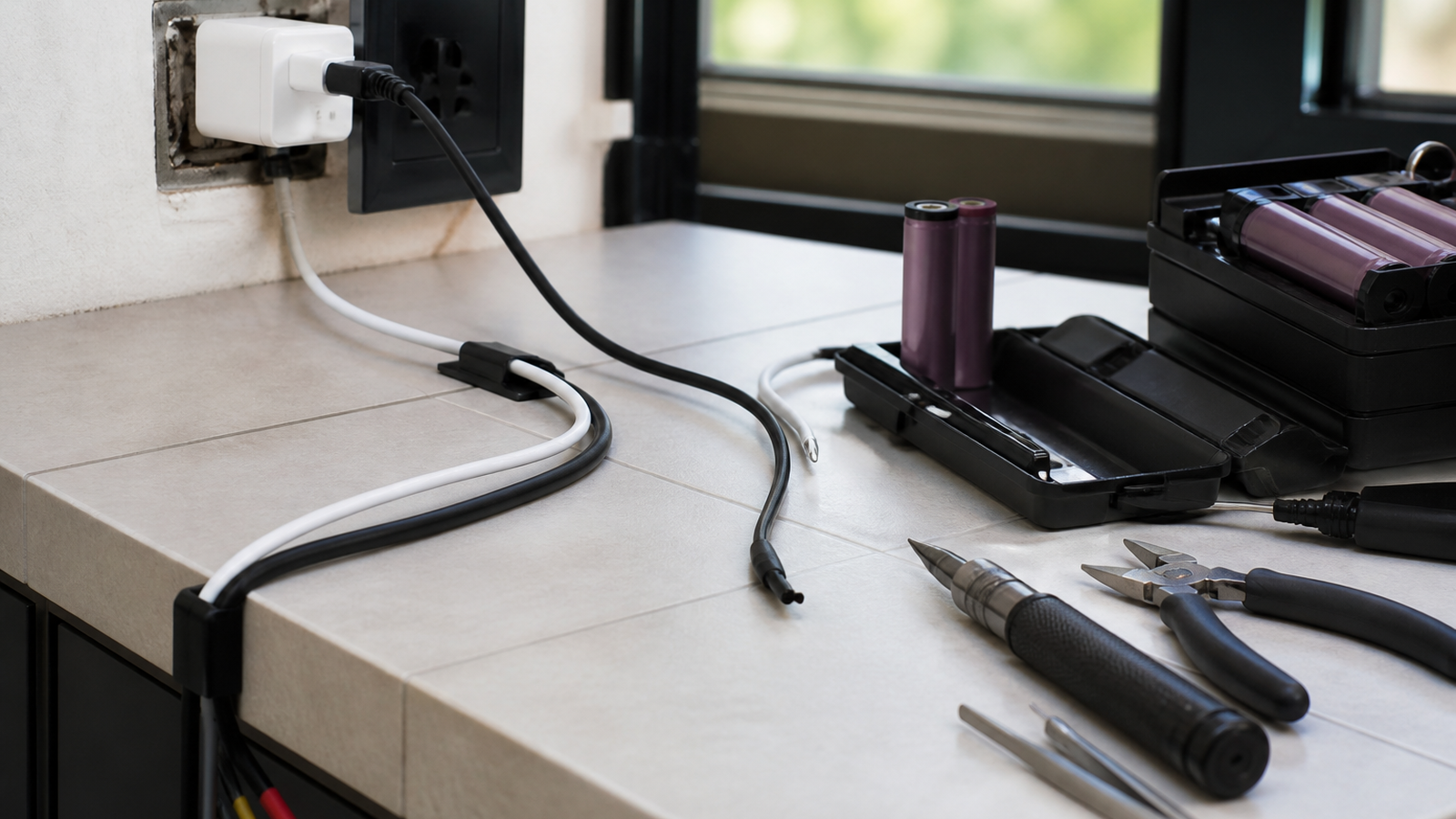 Close-up of charger cable routing, outlet access, battery inspection area, and ceramic tile surface in a maker garage, no readable markings