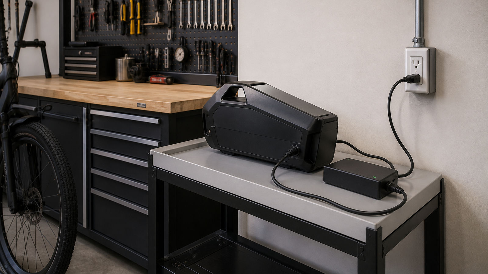 Clean maker garage charging area with e-bike battery on nonflammable surface, clear cord routing, tool bench nearby, no logos or readable labels