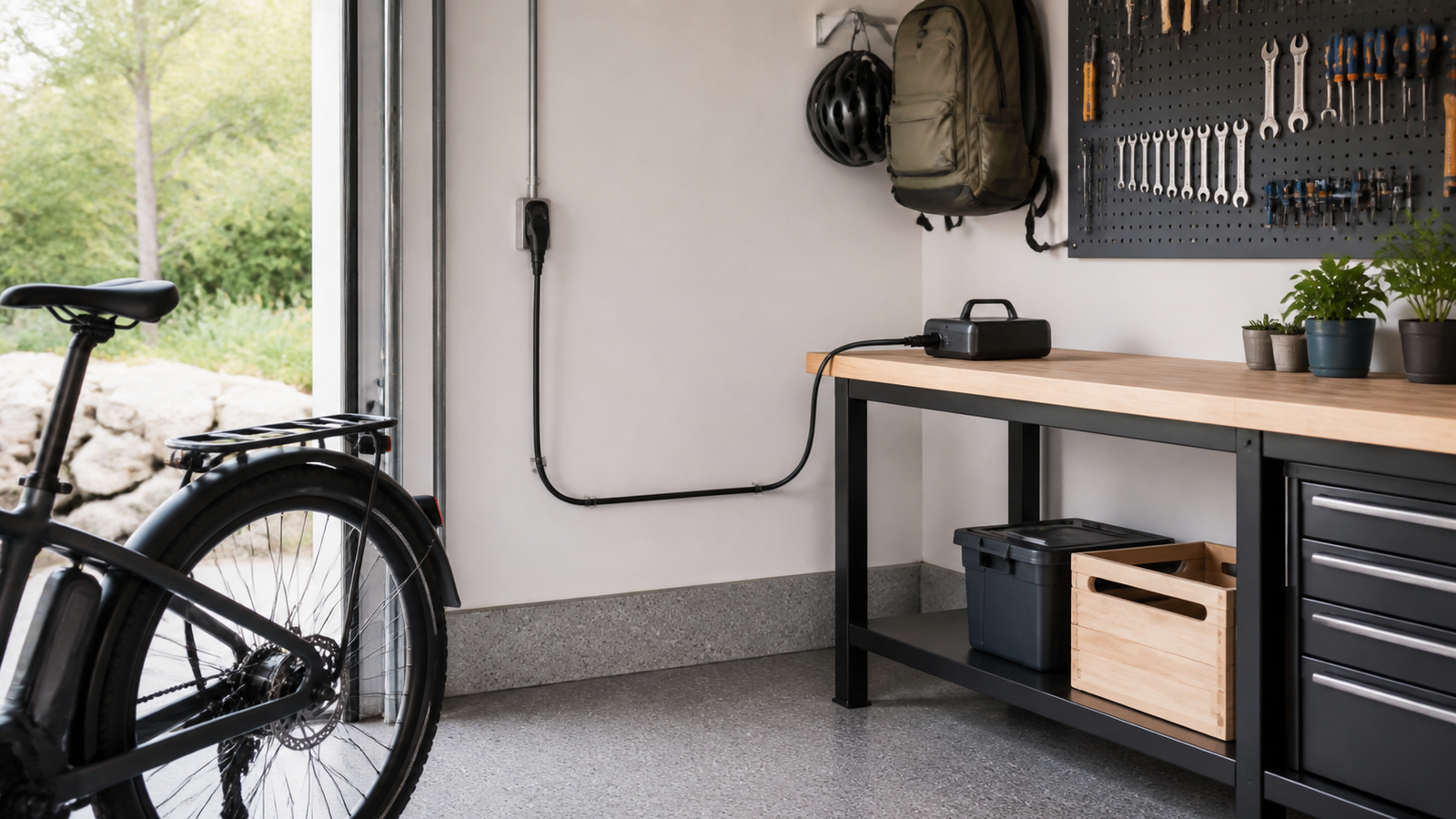 Organized maker garage charging zone with e-bike battery dock, clear floor space, and tidy power cable