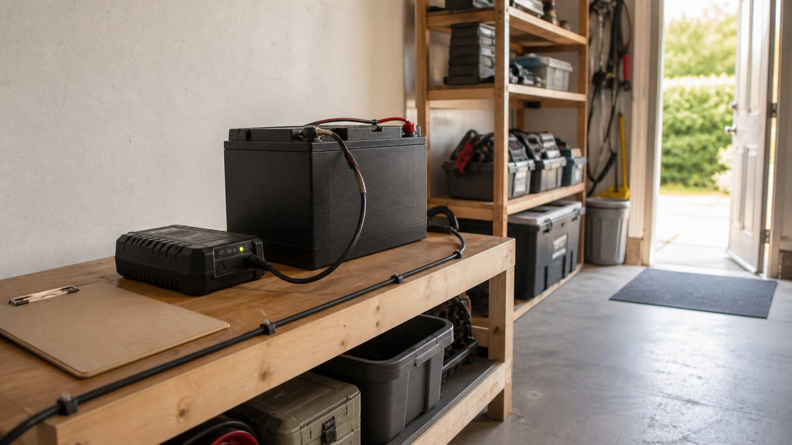Maker-garage charging checklist with e-bike battery, charger, clear floor, and fire-safe spacing