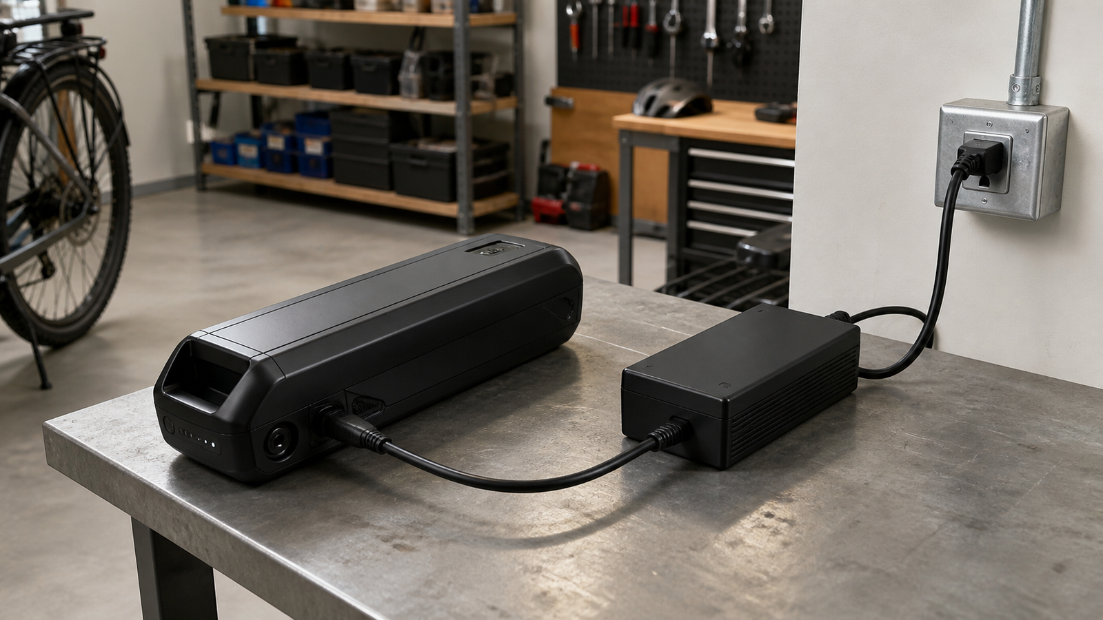Clear e-bike charging zone in a maker garage with safe spacing